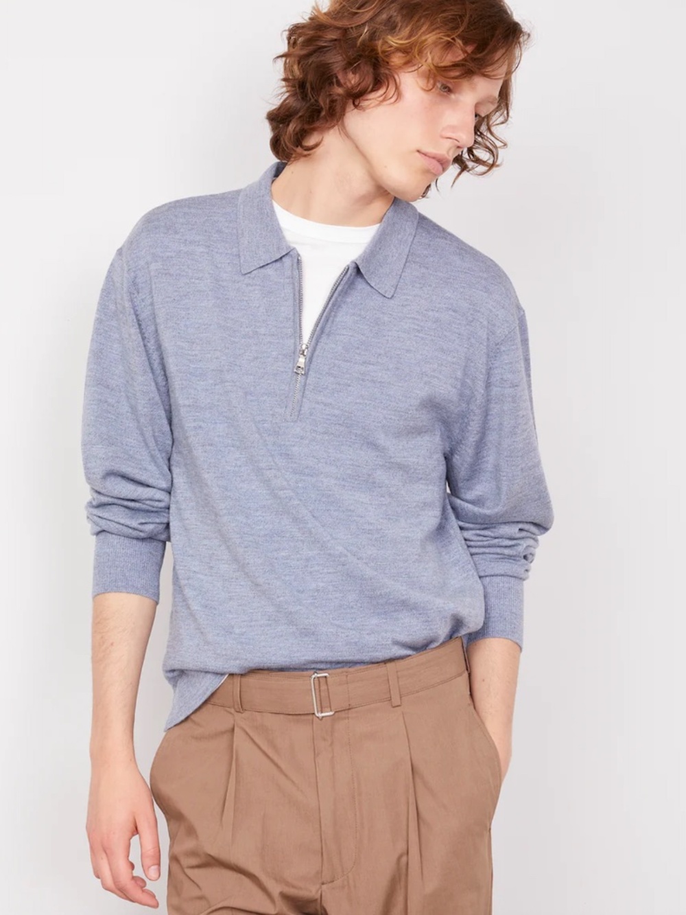 Officine Generale Bene Zip Polo Sweater Large Heather Stone Blue Merino Knit NWT